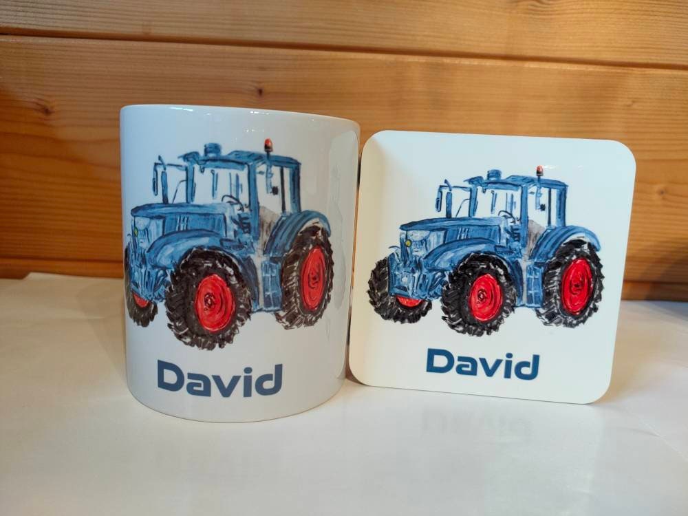Personalised Tractor Mug & Coaster, Blue Tractor, Farmer Gift, Birthday Gift For Him, Gift For Young Boy, Farm Lover Gift, Farmer Wife Mug