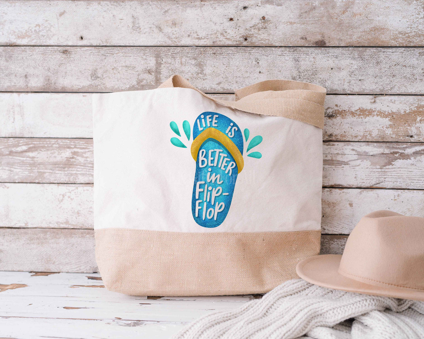 Blue Flip Flop Canvas Bag, Jute Tote Shopper Picnic Beach Bag