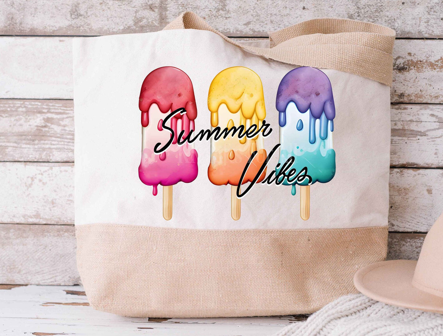 Large Summer Vibes Jute Tote Bag Bright Summer Ice Lolly Beach Bag Summer Vibes Ice Pop Pool Bag