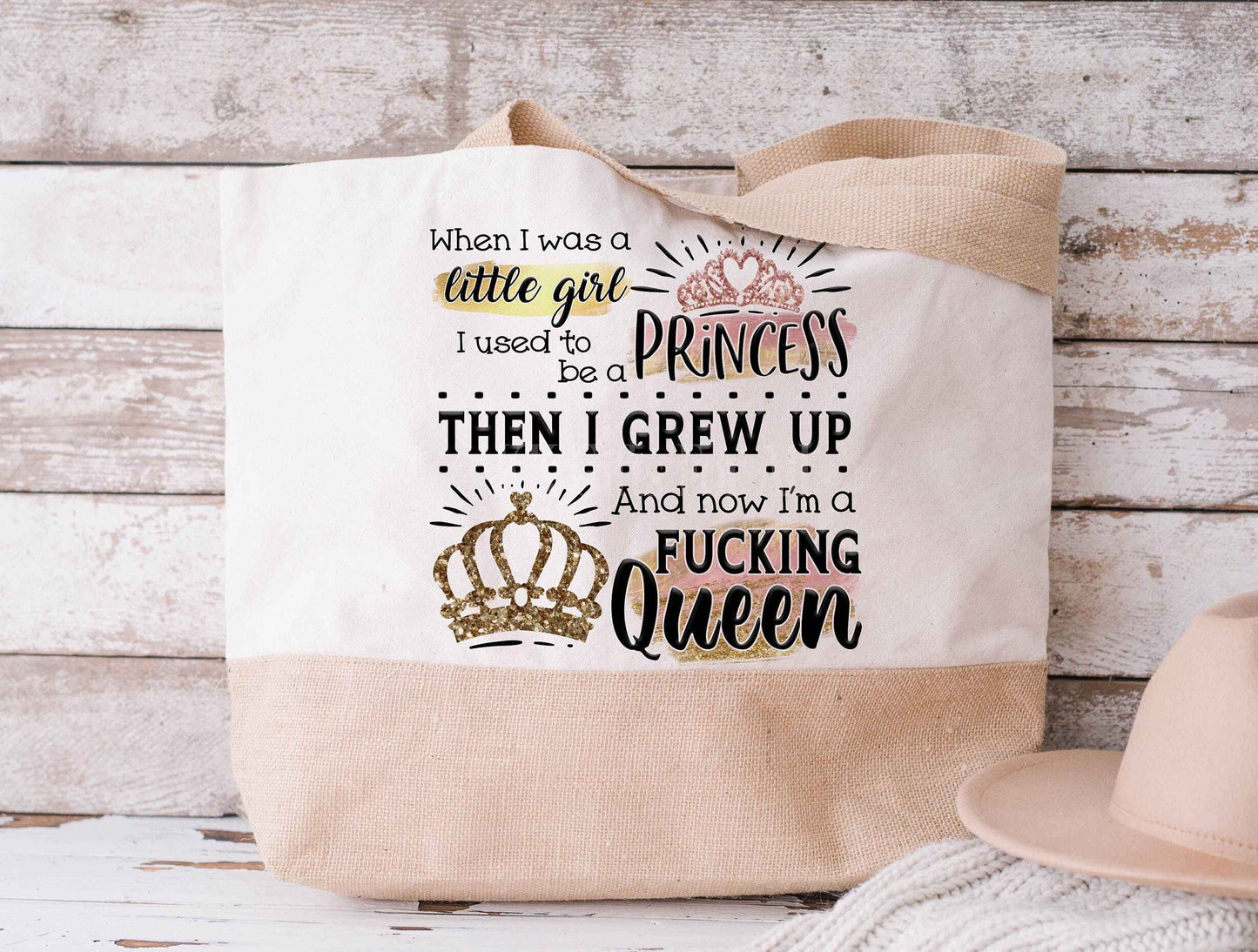 Swearing Large Jute Tote Bag Princess Shopping Bag Queen Beach Bag Adult Jute Totebag