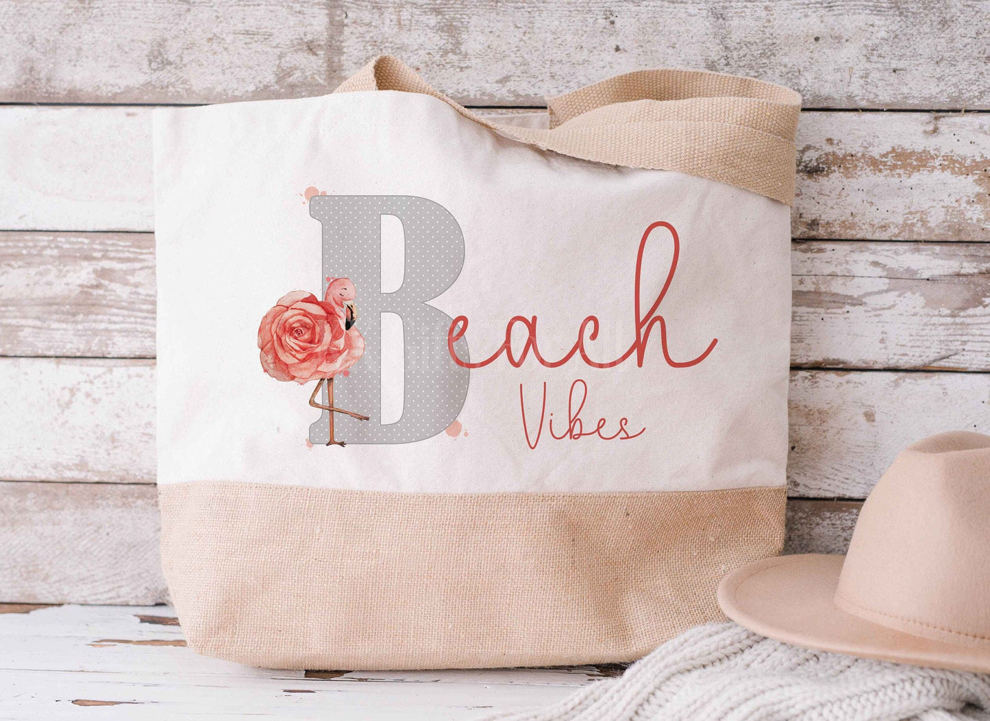 Large Beach Jute Totebag Flamingo Beach Vibes Bag Floral Flamingo Family Holiday Pool Bag