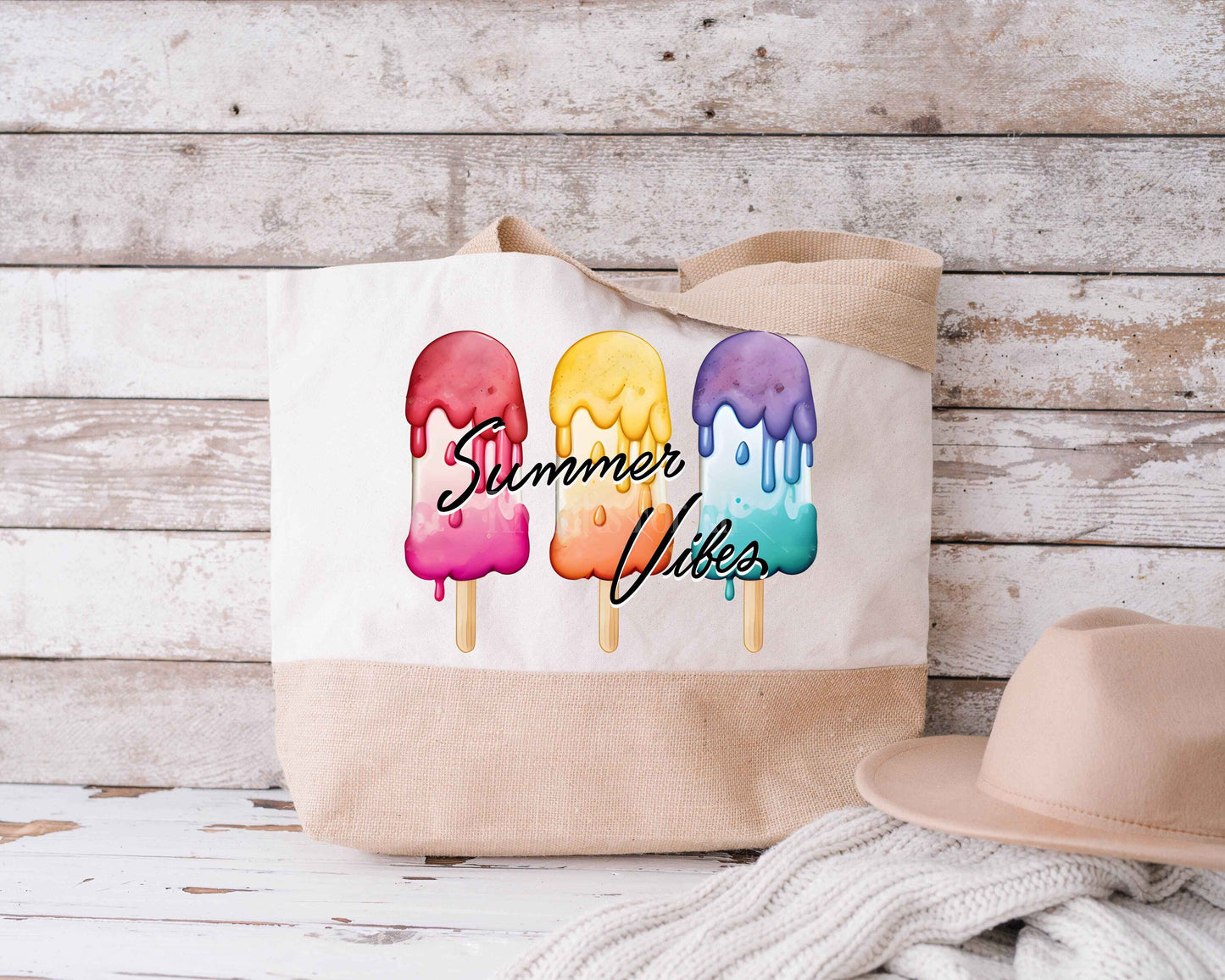Large Summer Vibes Jute Tote Bag Bright Summer Ice Lolly Beach Bag Summer Vibes Ice Pop Pool Bag