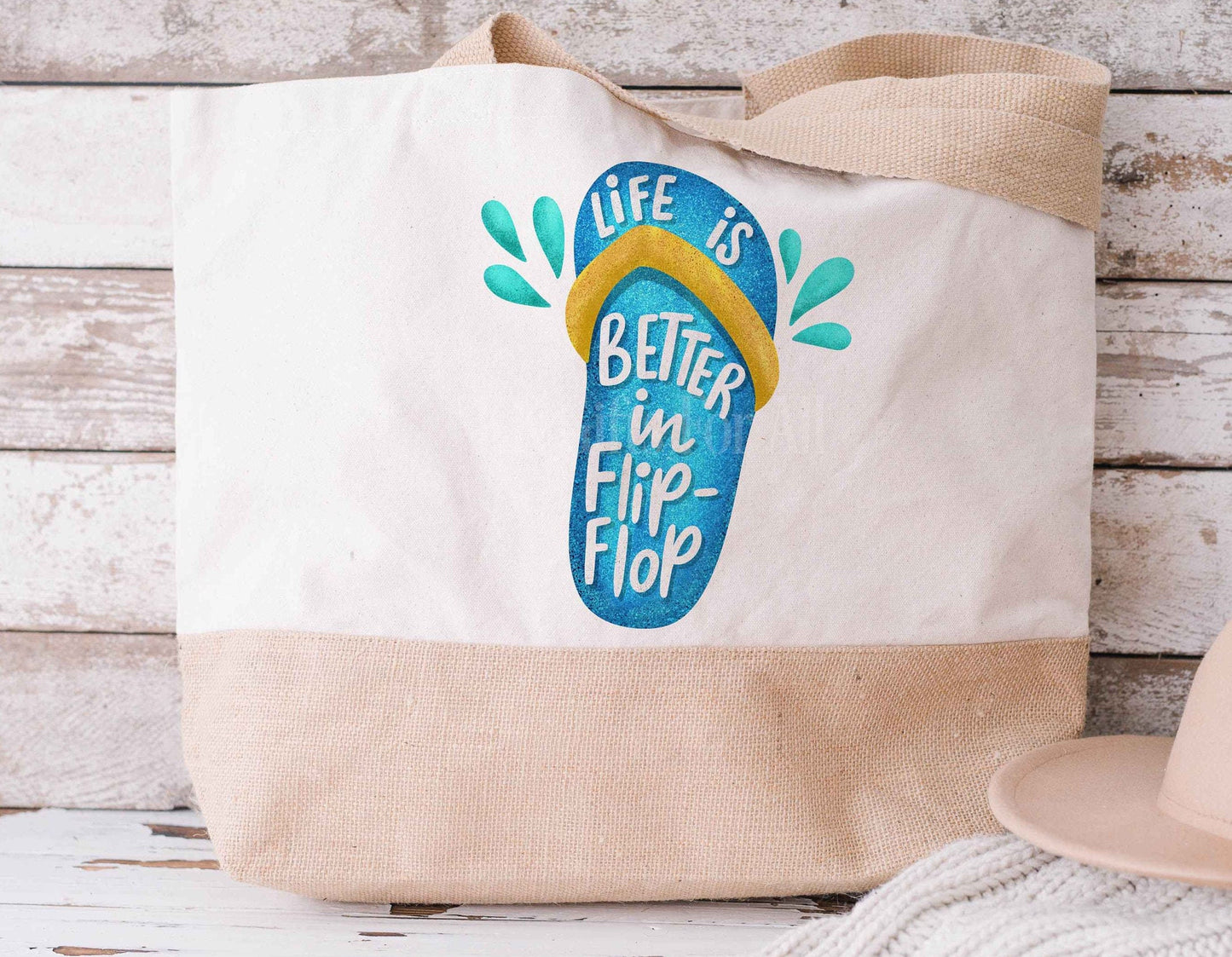 Blue Flip Flop Canvas Bag, Jute Tote Shopper Picnic Beach Bag