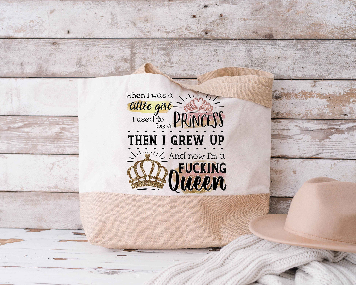 Swearing Large Jute Tote Bag Princess Shopping Bag Queen Beach Bag Adult Jute Totebag