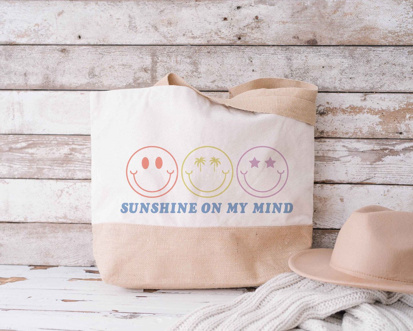Sunshine On My Mind Jute Totebag, Large Canvas Shopper Picnic Beach Bag
