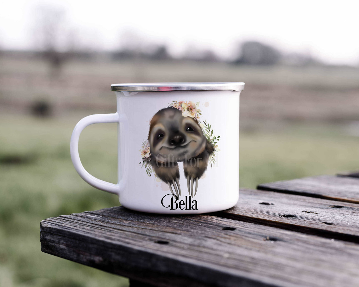 Personalsied Sloth Enamel Mug, Outdoor Meltal Mug, Camper Mug