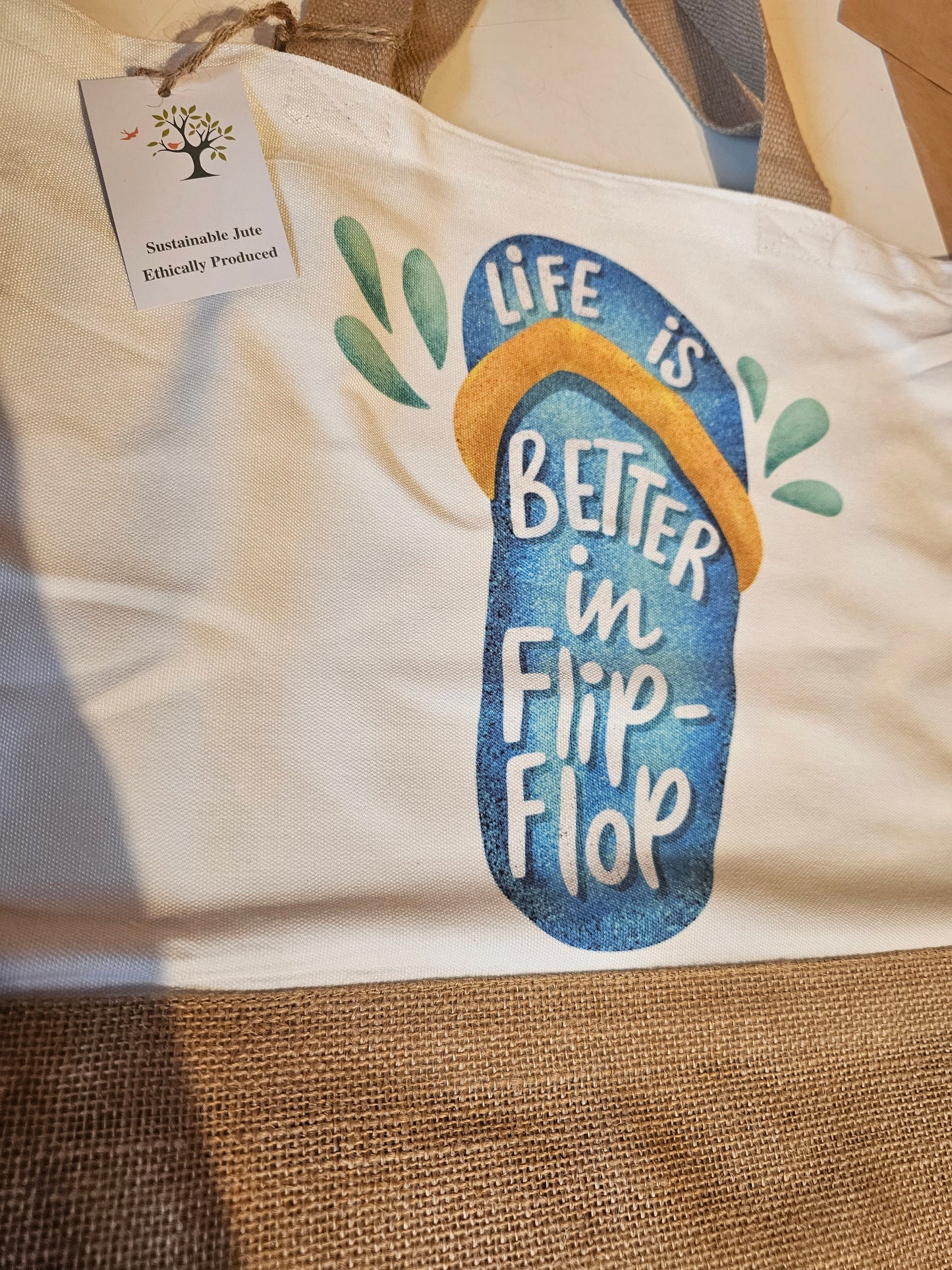 Blue Flip Flop Canvas Bag, Jute Tote Shopper Picnic Beach Bag