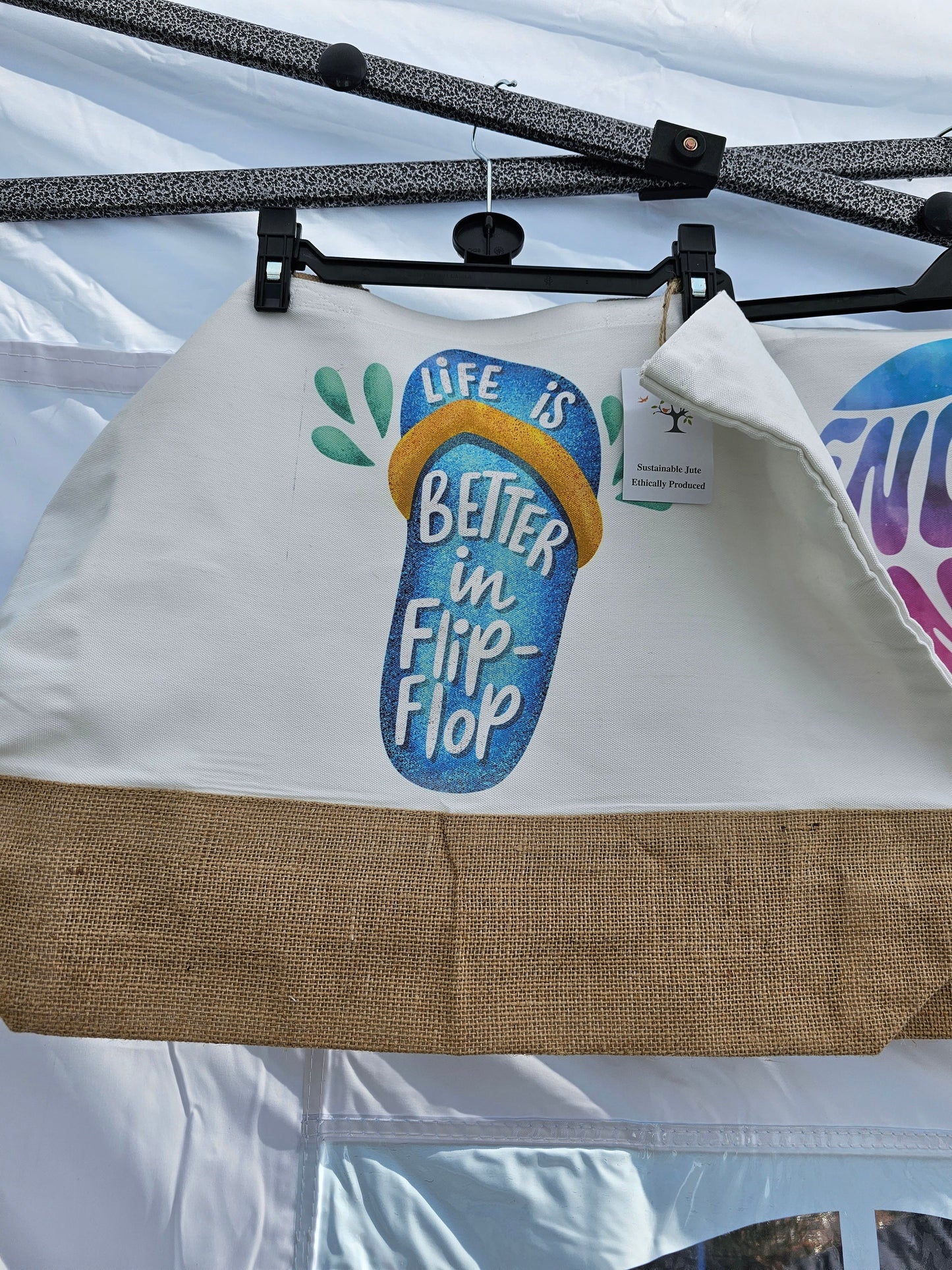 Blue Flip Flop Canvas Bag, Jute Tote Shopper Picnic Beach Bag
