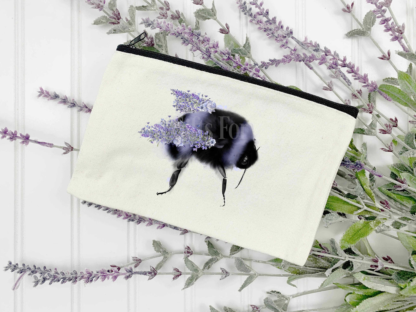 Lavender Floral Bee Zip Pouch, Woman Girl Make Up Bag, Personalised Bee Pouch Bag