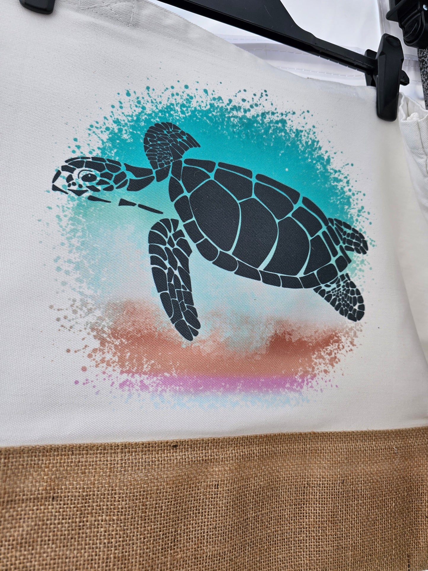 Green Sea Turtle Beach Bag, Jute Tote Shopper Picnic Beach Bag