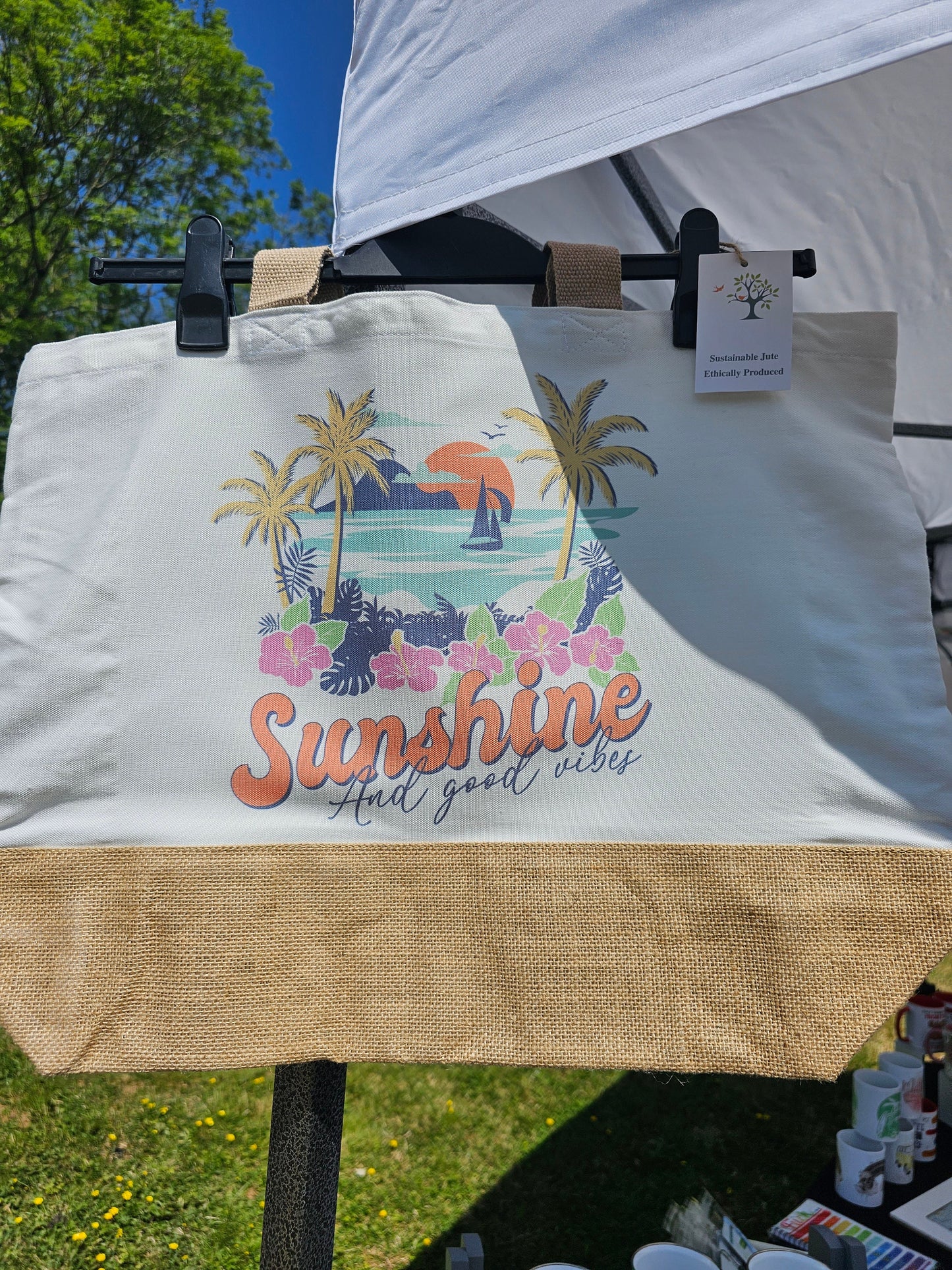 Large Jute Tote Bag Sunshine And Good Vibes Beach Bag Vintage Summer Holiday Bag