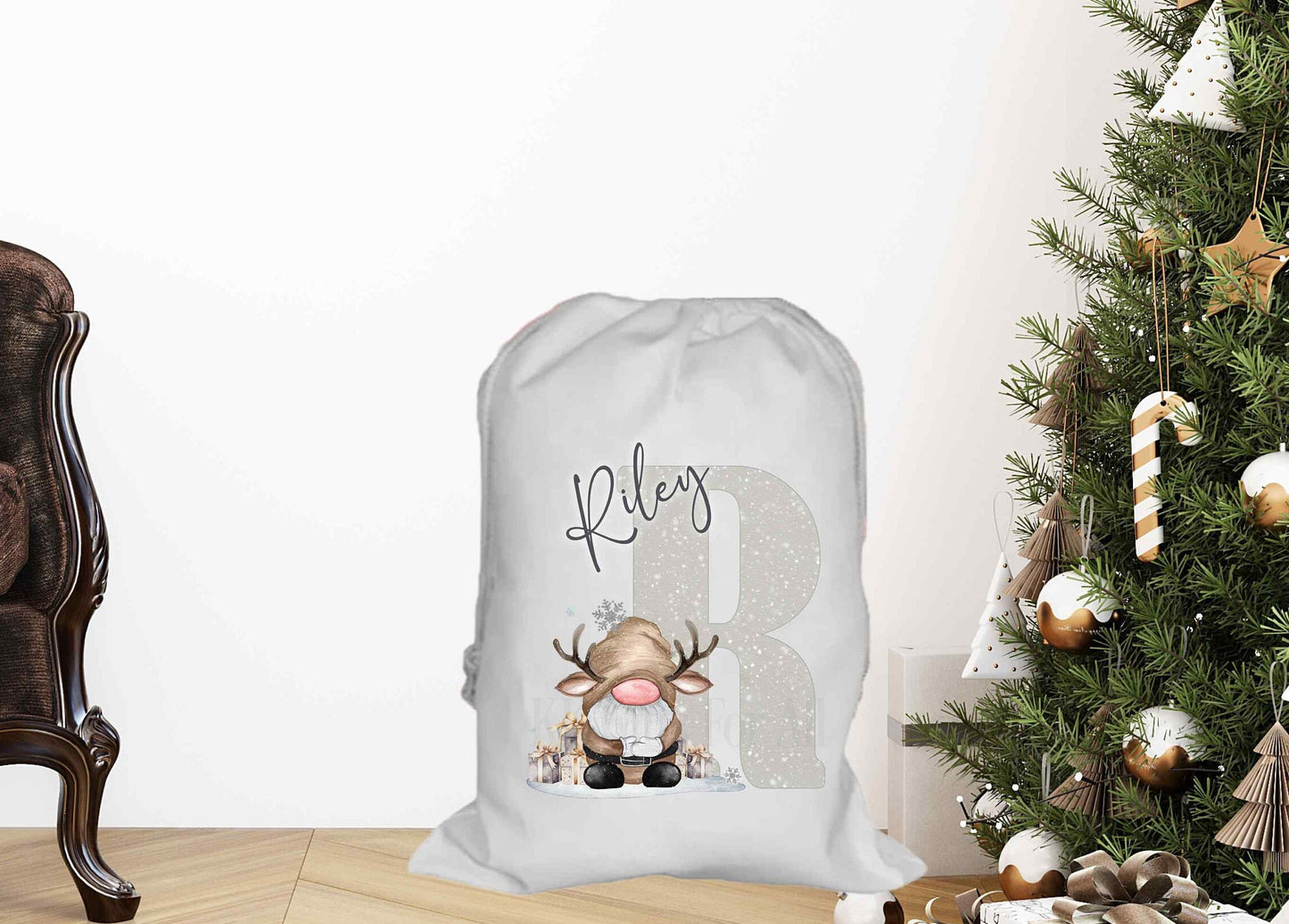 Personalised Christmas Santa Sack, Brown Reindeer Gonk Xmas Present Drawstring Sack