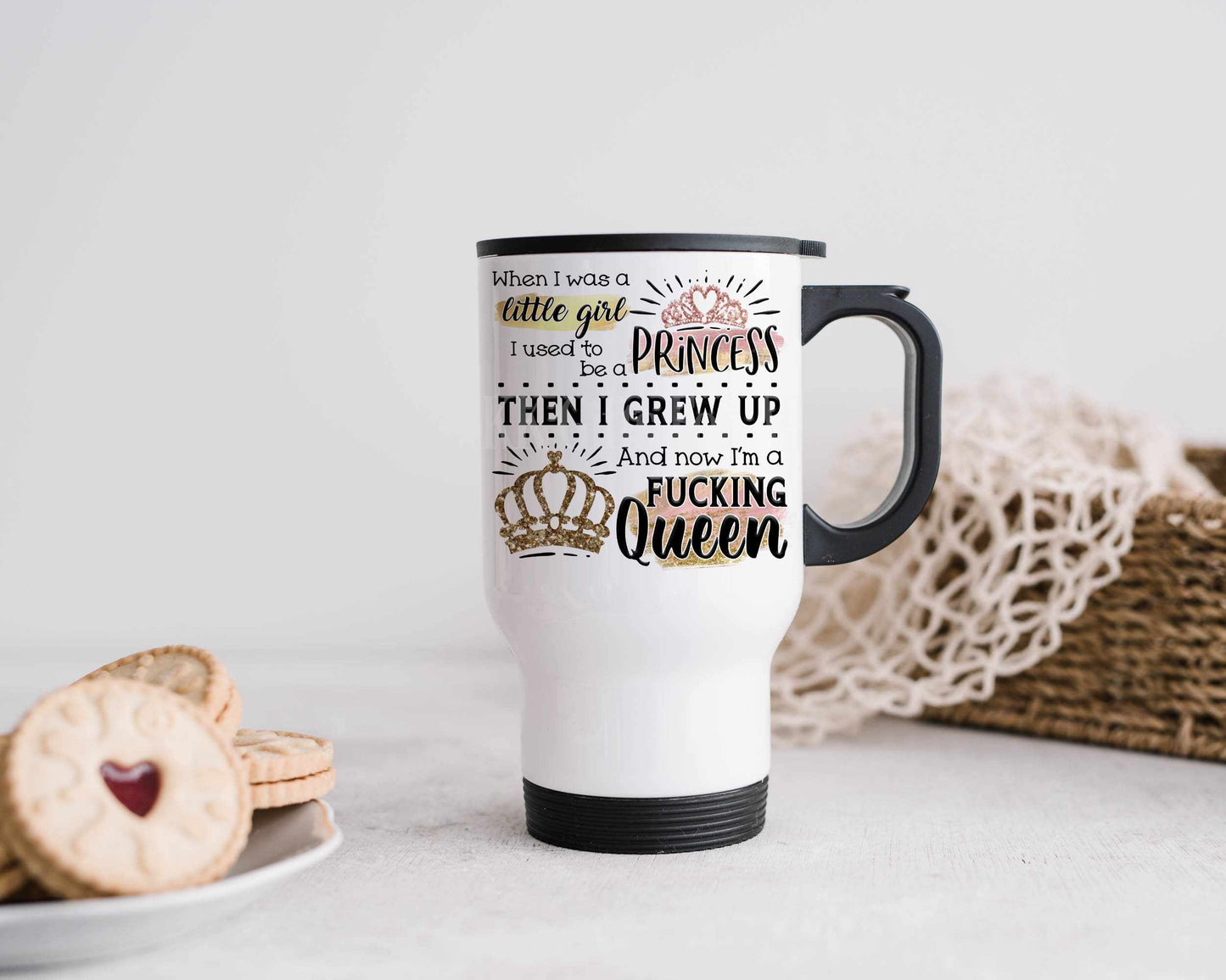 Rude Travel Mug, Adult Humour Travel Hot Drink Cup, Queen Coffee Travel Mug