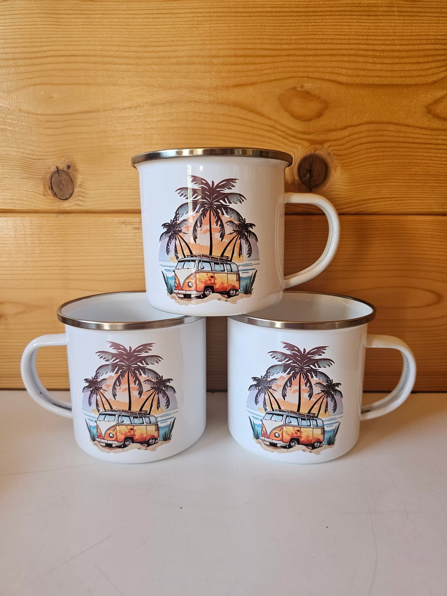Enamel Metal Camping Mug, Outdoor Mug, Personalised Orange Camper Mug, Camper Sunset Cup