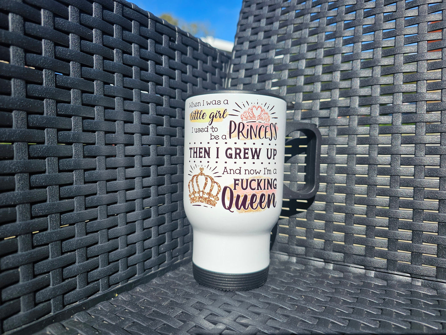 Rude Travel Mug, Adult Humour Travel Hot Drink Cup, Queen Coffee Travel Mug