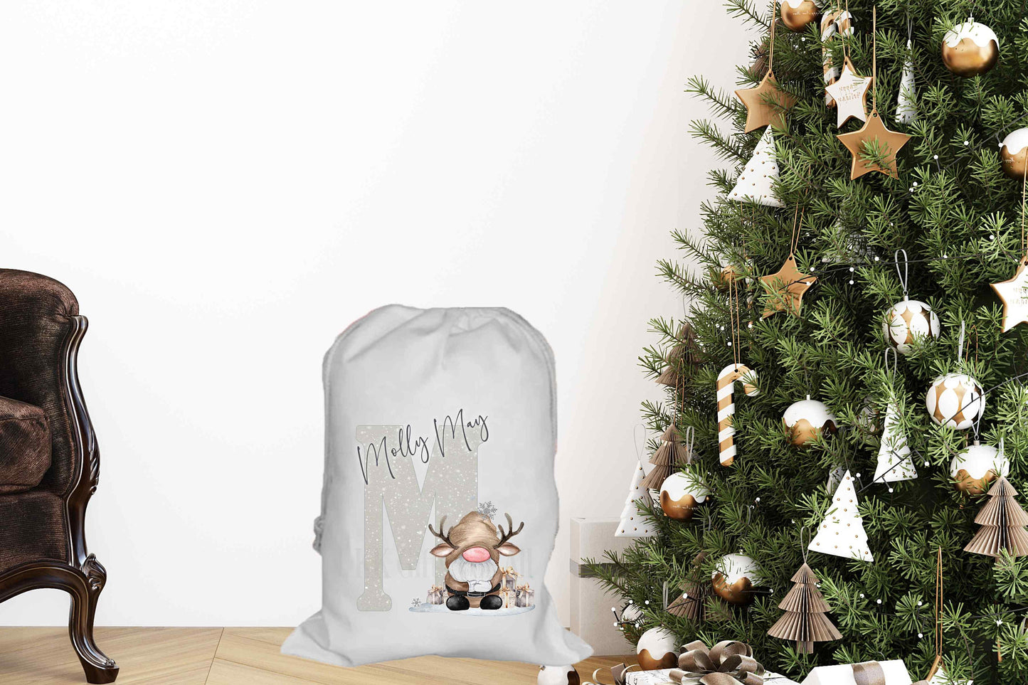 Personalised Christmas Santa Sack, Brown Reindeer Gonk Xmas Present Drawstring Sack