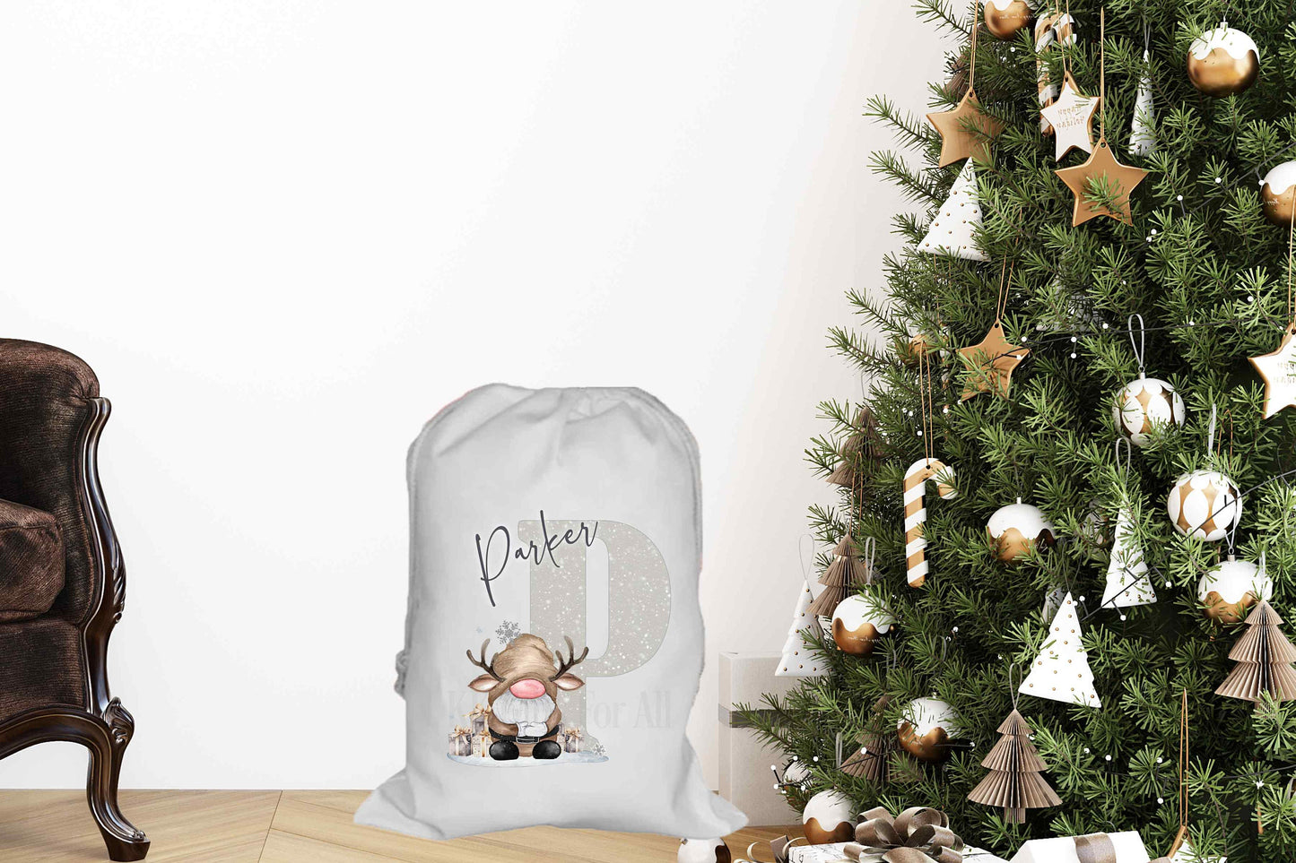 Personalised Christmas Santa Sack, Brown Reindeer Gonk Xmas Present Drawstring Sack