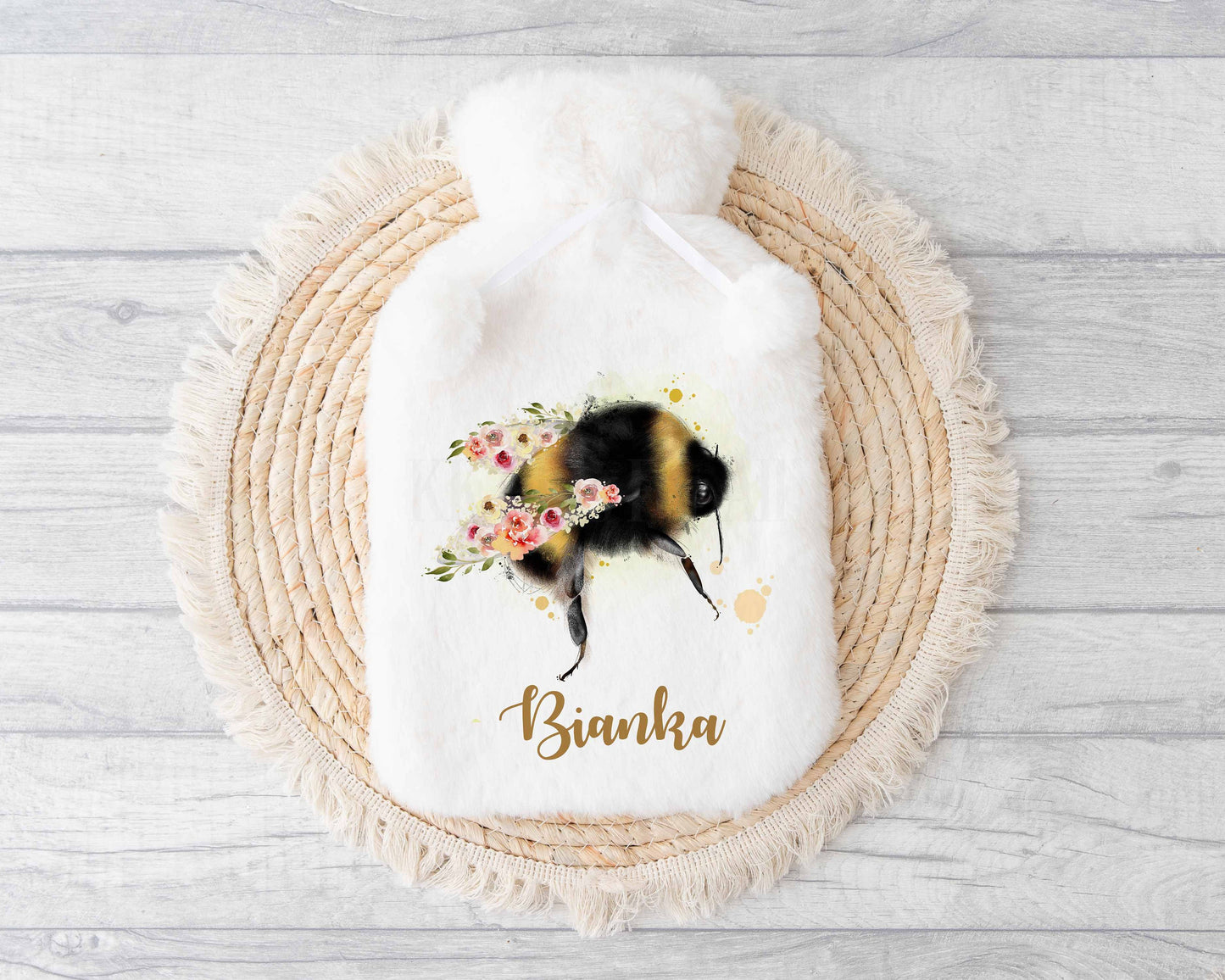 Bee Hot Water Bottle, Personalised Floral Bee Gift, Bee Winter Warmer, Gift For Mum Sister Nan Auntie