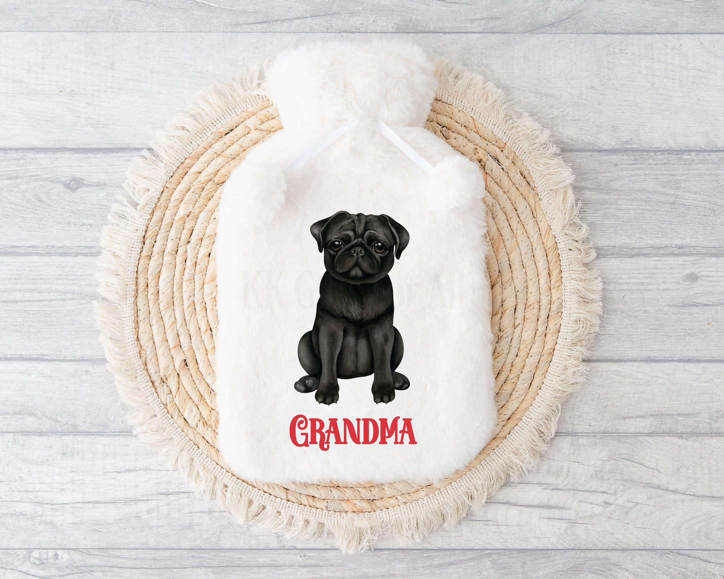 Black Pug Hot Water Bottle, Personalised Dog Hot Water Bottle, Black Pug Gifts, Pug Mum Dad