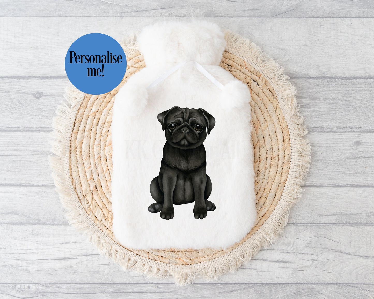Black Pug Hot Water Bottle, Personalised Dog Hot Water Bottle, Black Pug Gifts, Pug Mum Dad