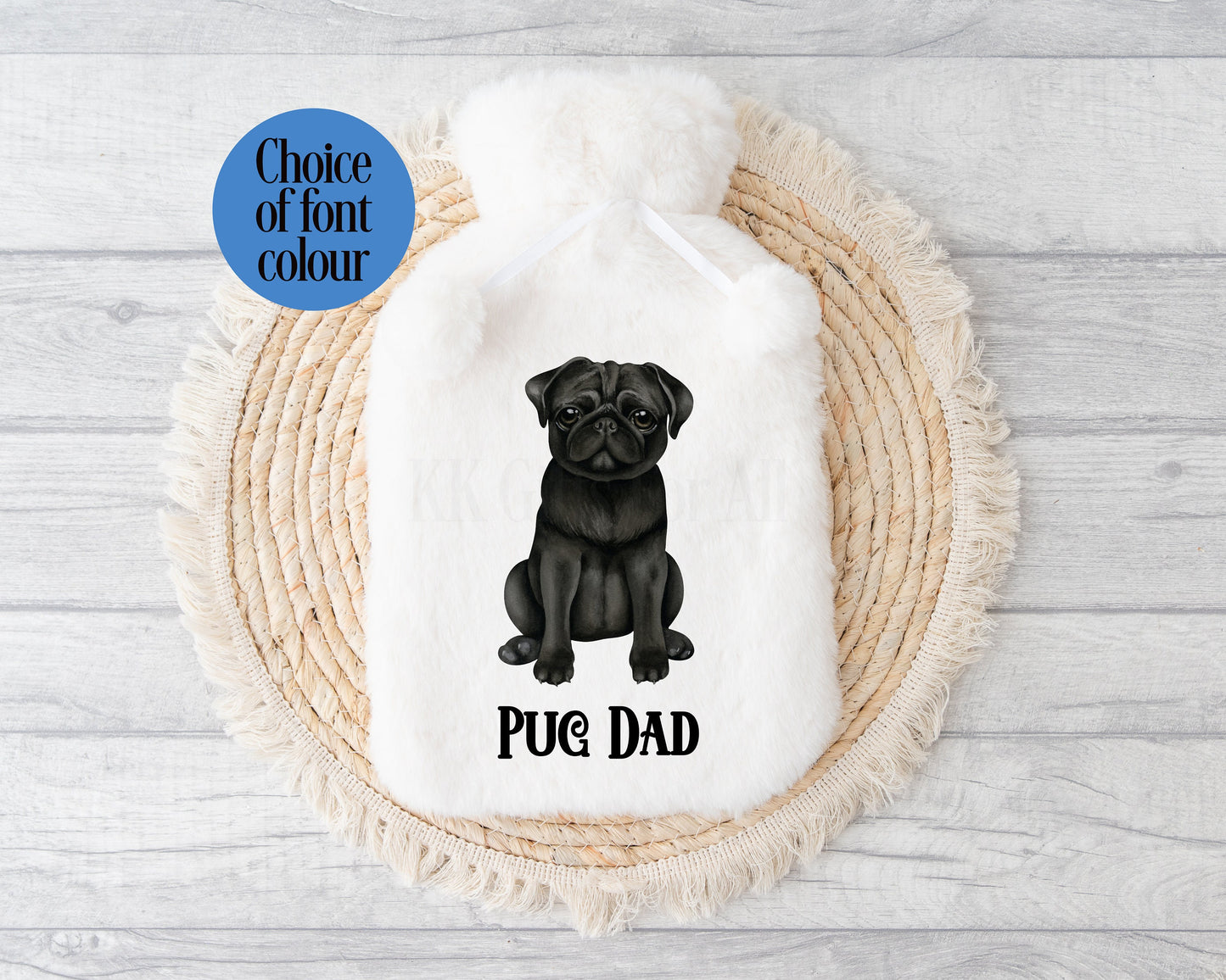 Black Pug Hot Water Bottle, Personalised Dog Hot Water Bottle, Black Pug Gifts, Pug Mum Dad