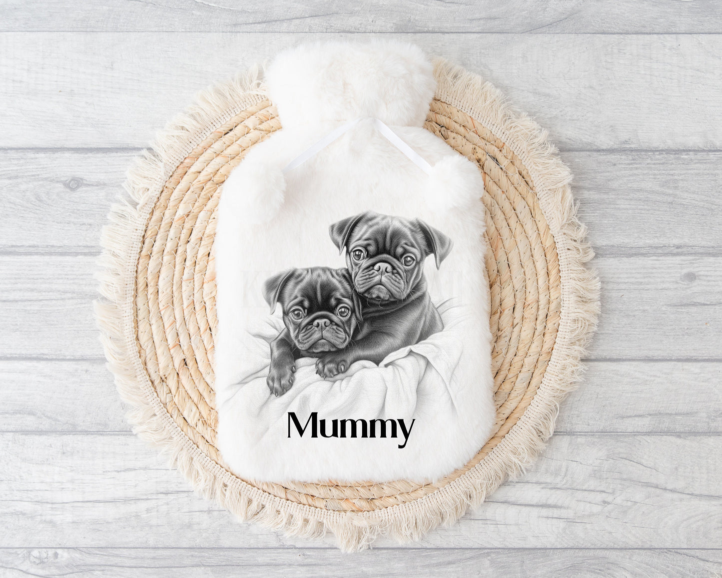 Personalised Hot Water Bottle, Black Sketchy Pug Gifts, Pug Owners