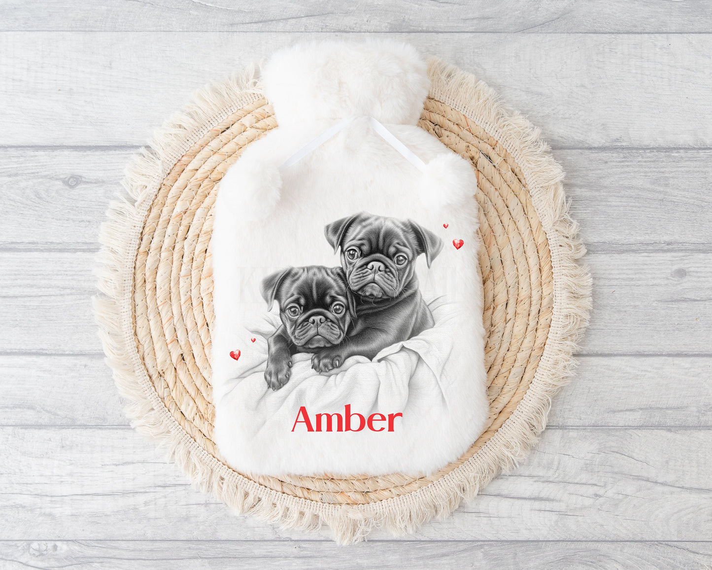 Personalised Hot Water Bottle, Black Sketchy Pug Gifts, Pug Owners