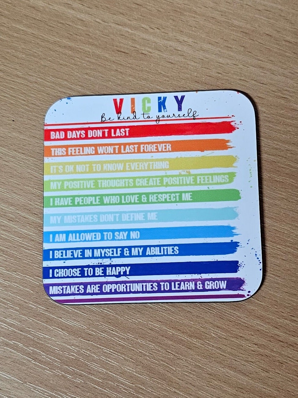 Personalised Multi Colour Positivity Mug & Coaster, Rainbow Bright Positivity Mug