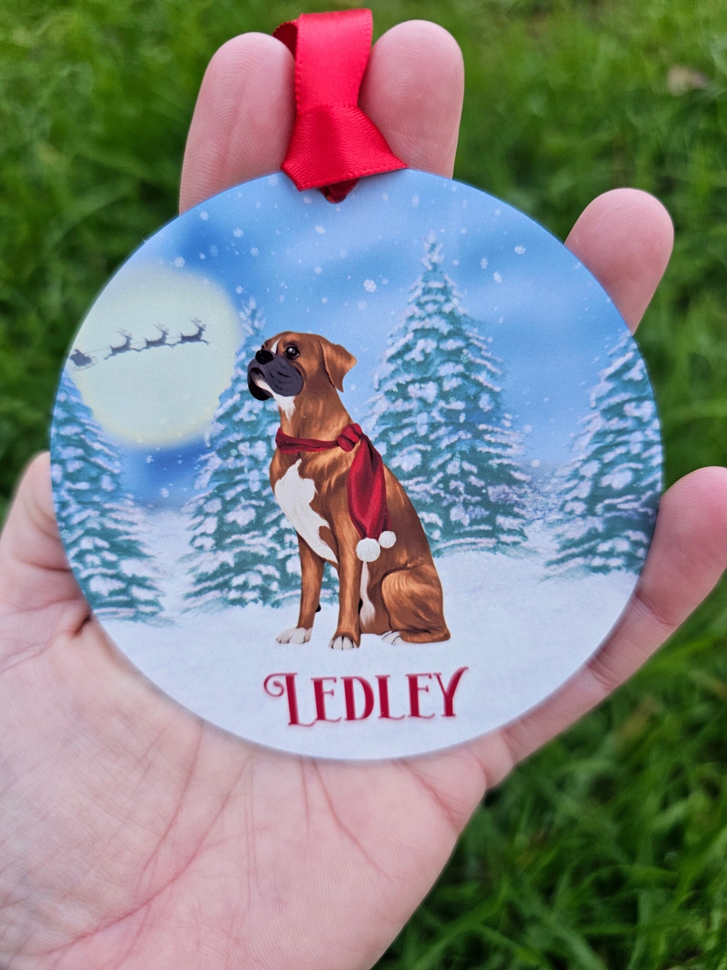 Personalised Christmas Tree Decoration, Metal Hanging Ornament, Xmas Boxer Dog Tree Dec, Tan Ginger Brown Boxer