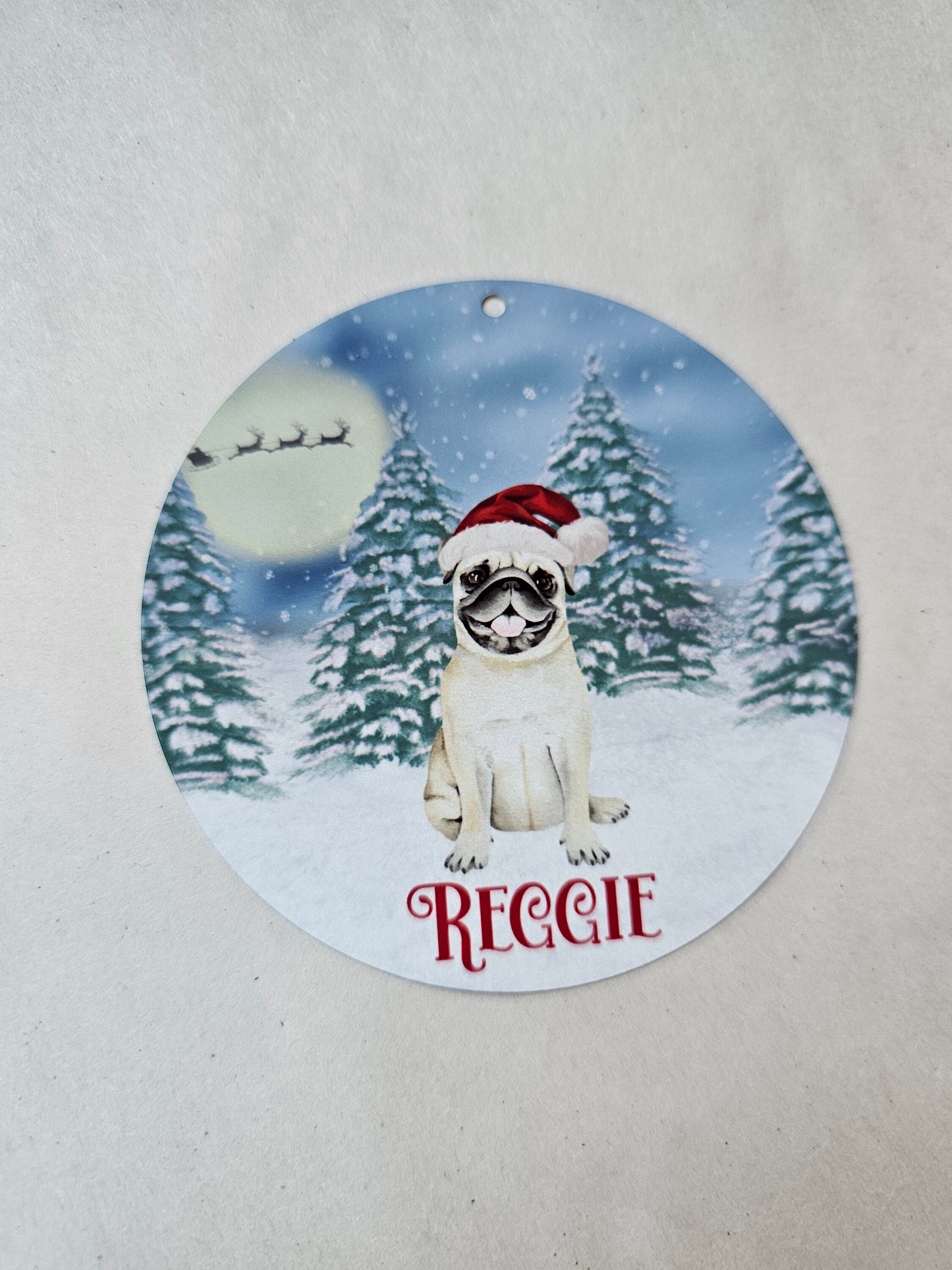 Personalised Christmas Tree Decoration, Fawn Xmas Pug, Christmas Hanging Ornament, Metal Tree Decoration, Pug Christmas Ears Hat, Cute Pug