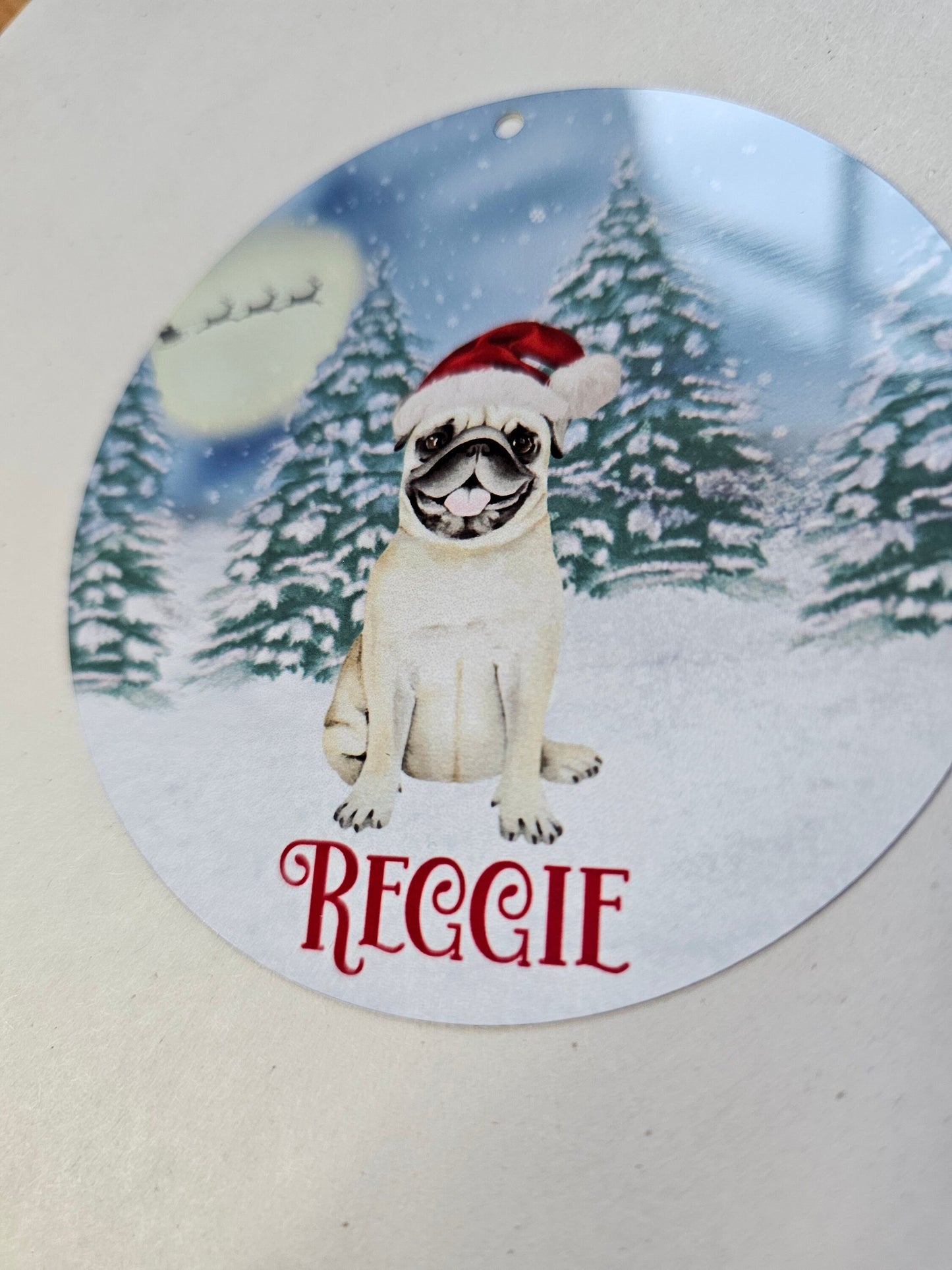 Personalised Christmas Tree Decoration, Fawn Xmas Pug, Christmas Hanging Ornament, Metal Tree Decoration, Pug Christmas Ears Hat, Cute Pug