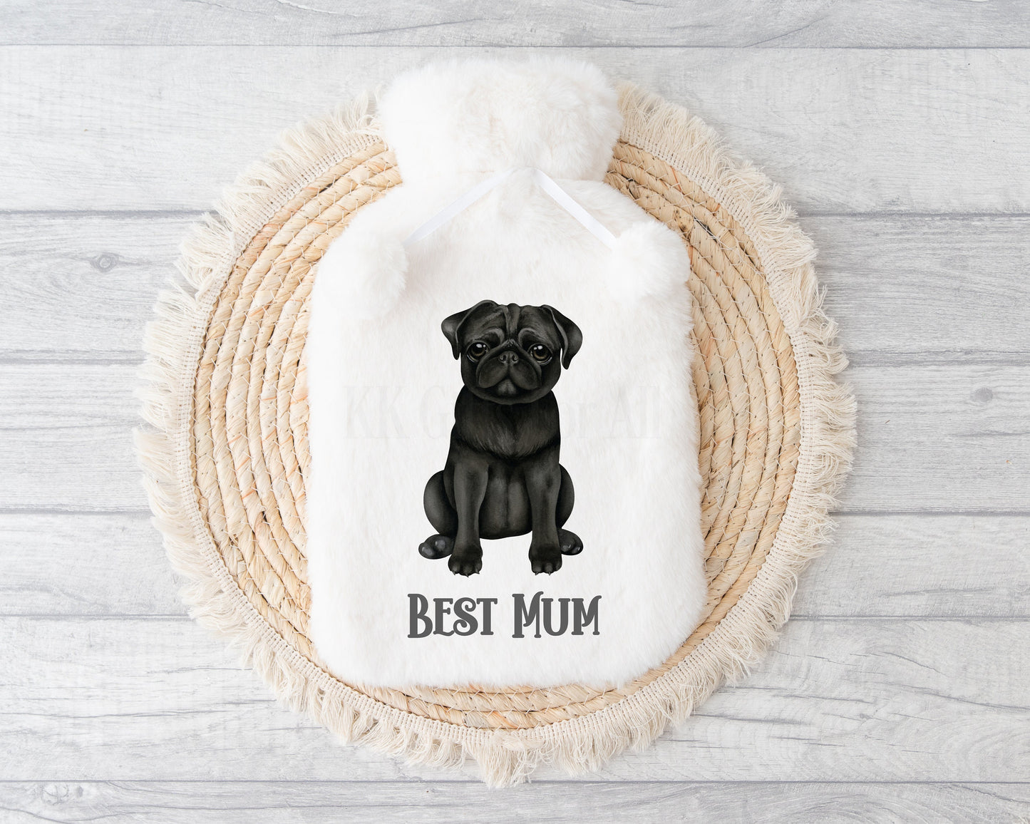 Black Pug Hot Water Bottle, Personalised Dog Hot Water Bottle, Black Pug Gifts, Pug Mum Dad