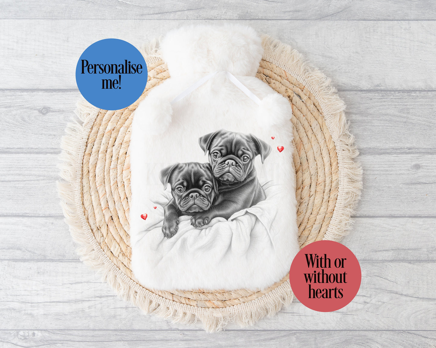 Personalised Hot Water Bottle, Black Sketchy Pug Gifts, Pug Owners