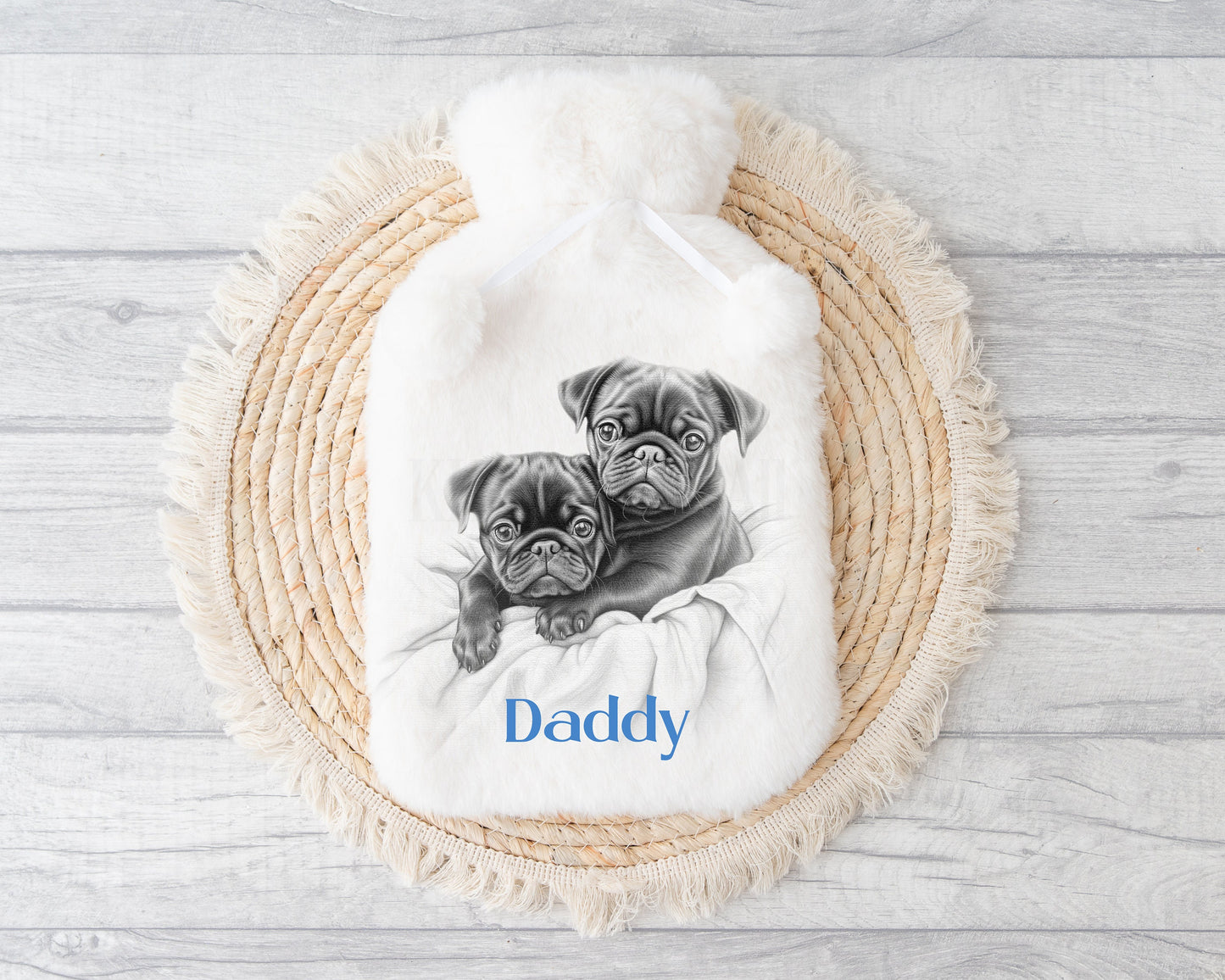 Personalised Hot Water Bottle, Black Sketchy Pug Gifts, Pug Owners