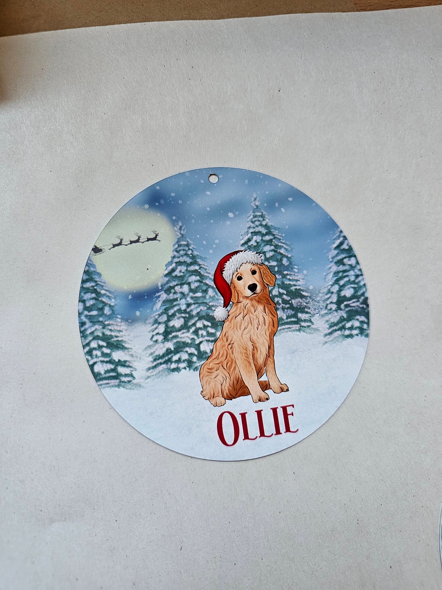 Personalised Christmas Tree Decoration, Golden Retriever Xmas Metal Hanging Dec, Santa Hat Golden Retrieve Ornament
