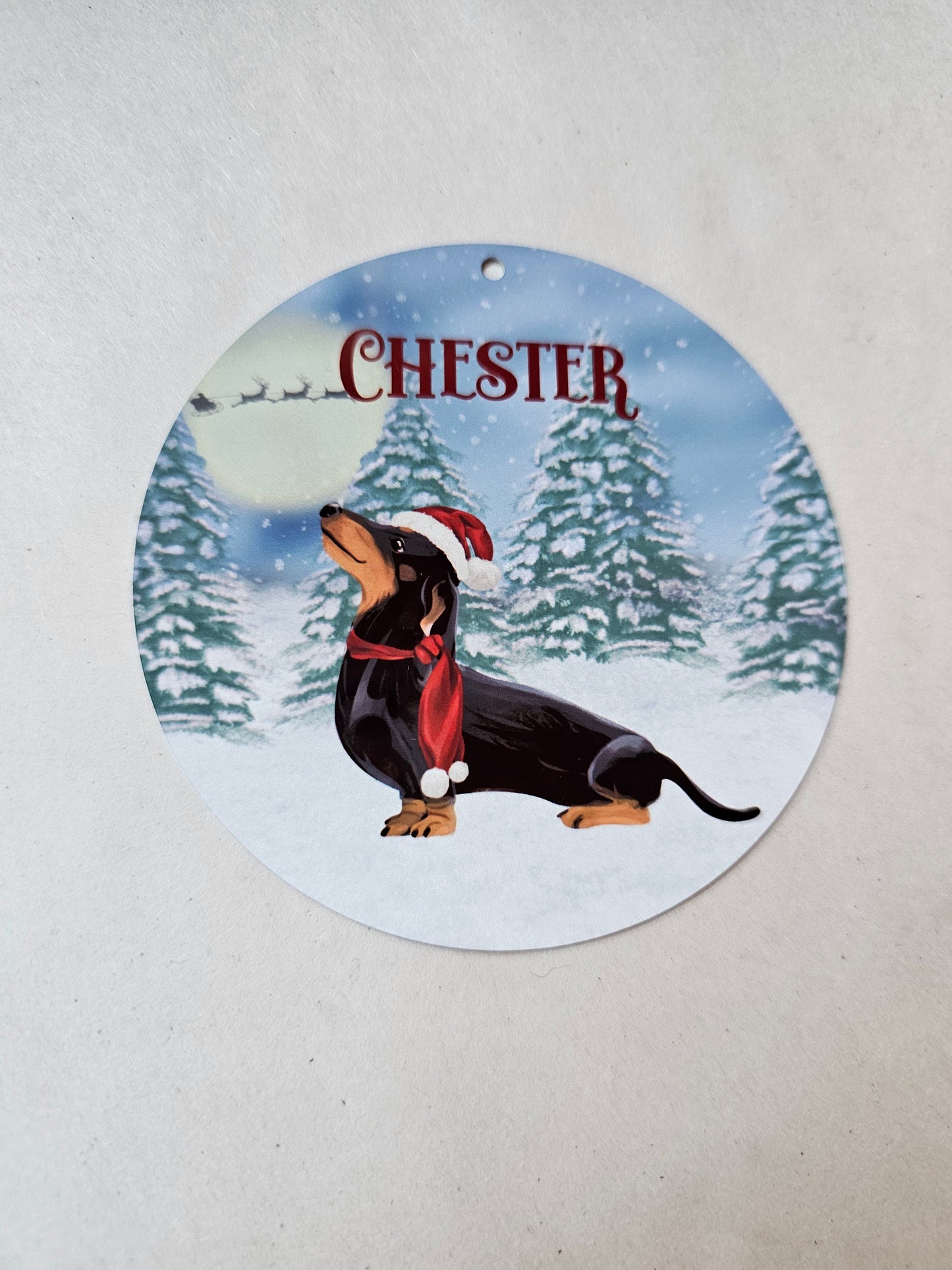 Personalised Dachshund Christmas Tree Decoration, Black & Brown Dachshund Metal Tree Hanging Ornament, Sausage Dog
