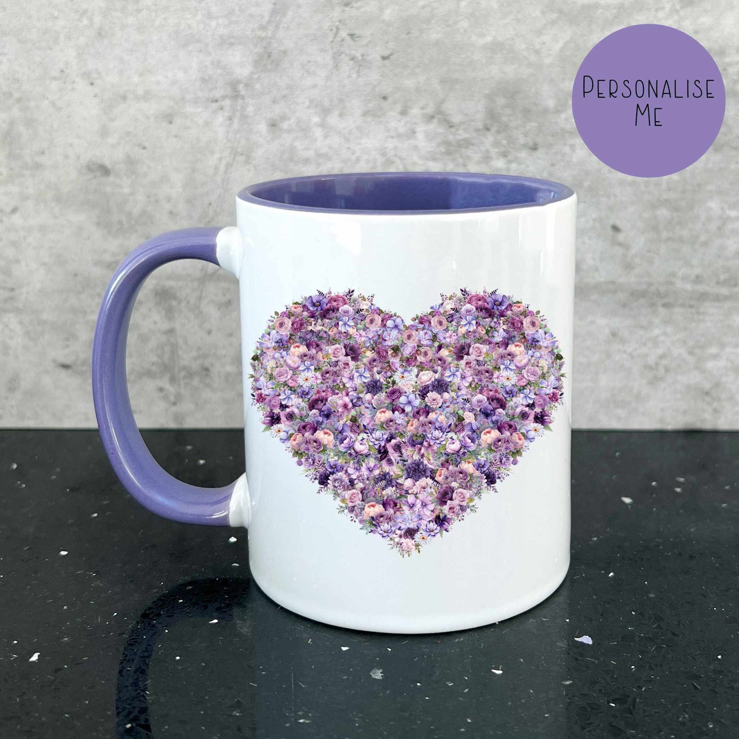Personalised Purple Mug & Coaster, Lilac Heart Mug, Gifts For Mother's Day Mum Nan Gran, Floral Heart Mug