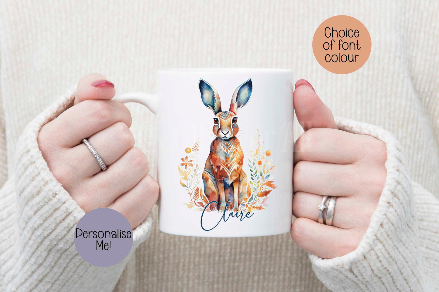 Personalised Hare Mug & Coaster, Colourful Hare Mug, Goft for Hare Lover, Unique Mug Gifts