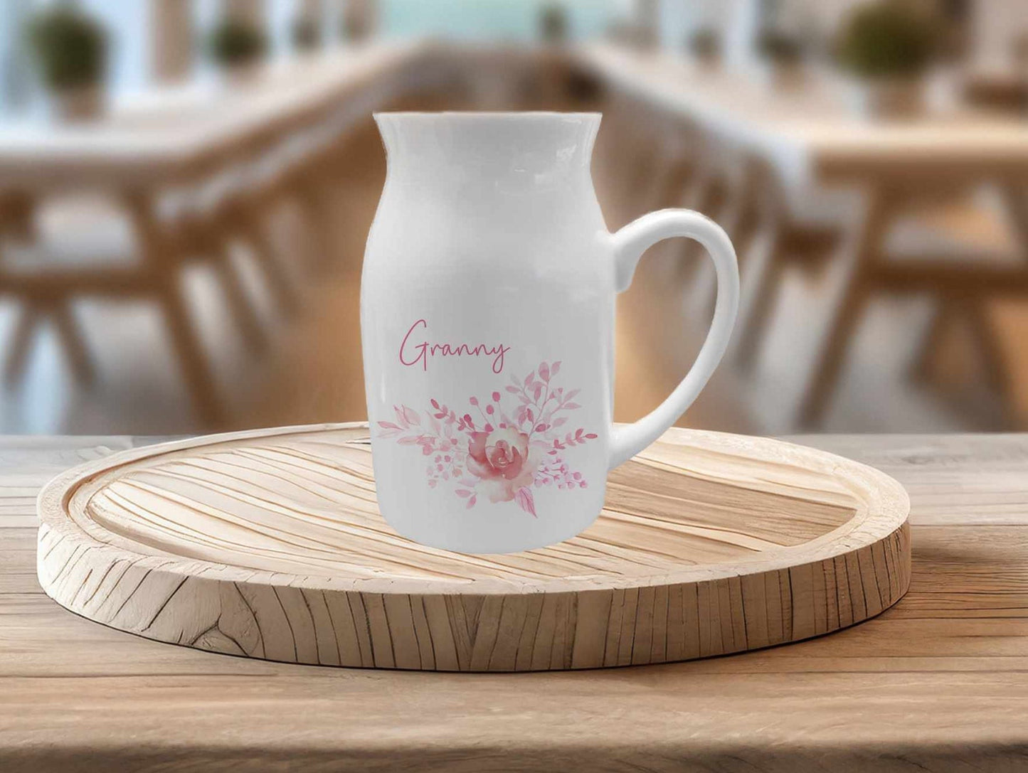 Personalised Pink Rose Milk Jug Vase, Gift For Mum Nan Sister Godmum Friend, Mother's Day Gift, Wild Flower Vase