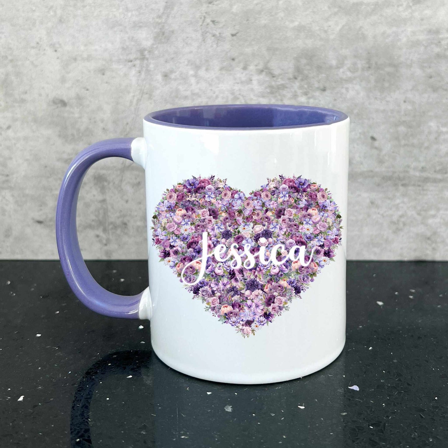 Personalised Purple Mug & Coaster, Lilac Heart Mug, Gifts For Mother's Day Mum Nan Gran, Floral Heart Mug