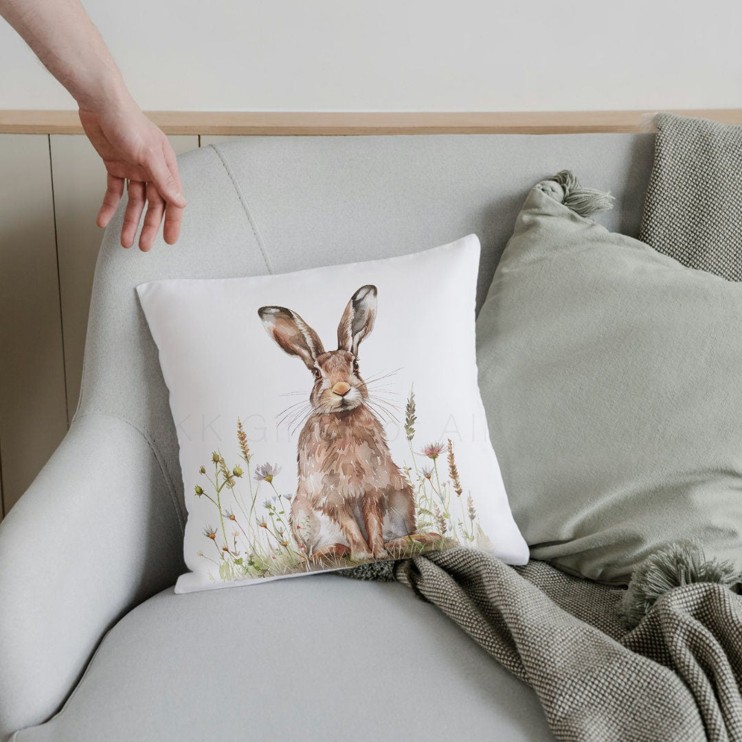 Spring Hare Cushion, Wildlife Home Decor Pillow, Gift For Hare Lovers