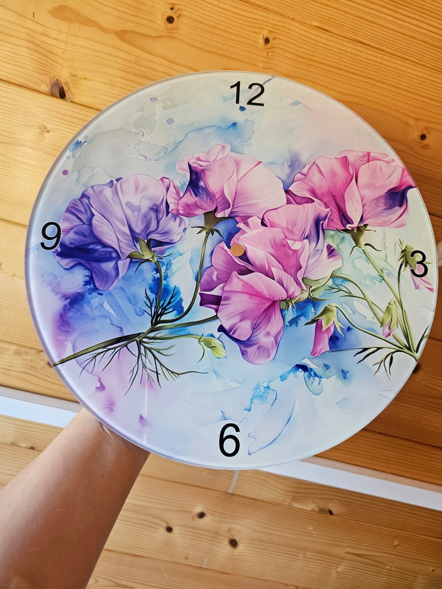Sweet Pea Glass Clock, Flower Wall Clock, Pink Purple Sweetpea Gifts
