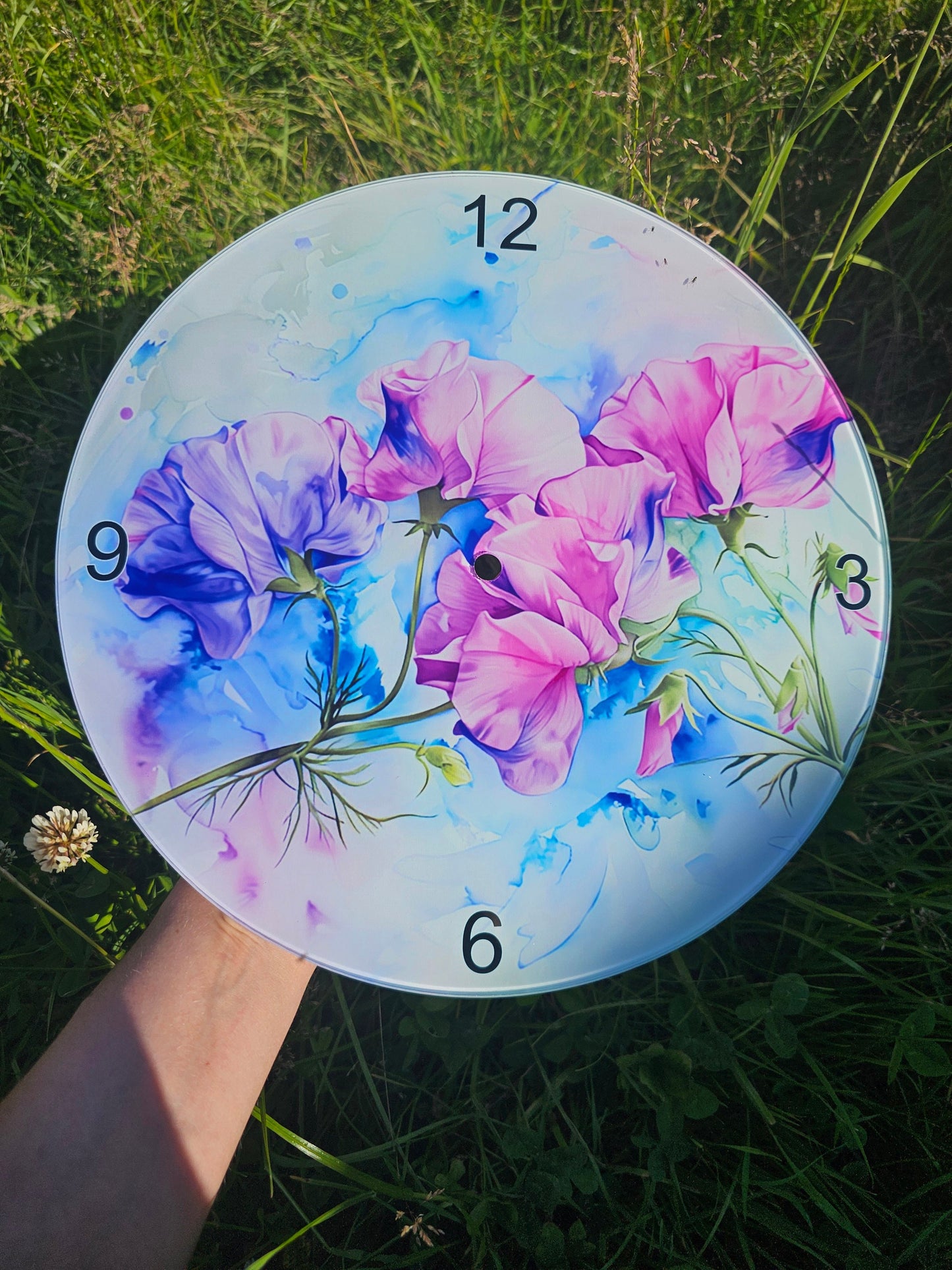 Sweet Pea Glass Clock, Flower Wall Clock, Pink Purple Sweetpea Gifts