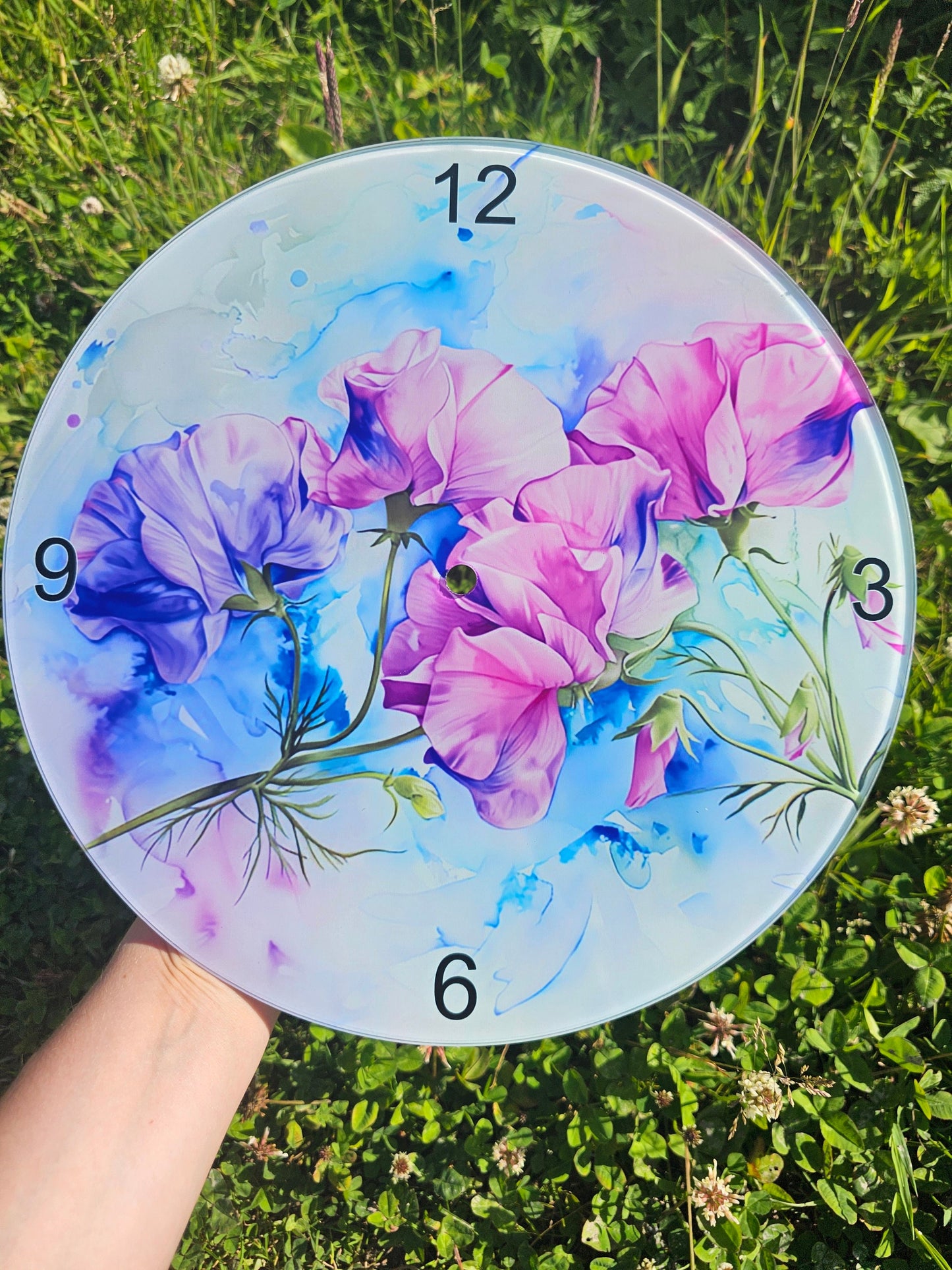 Sweet Pea Glass Clock, Flower Wall Clock, Pink Purple Sweetpea Gifts
