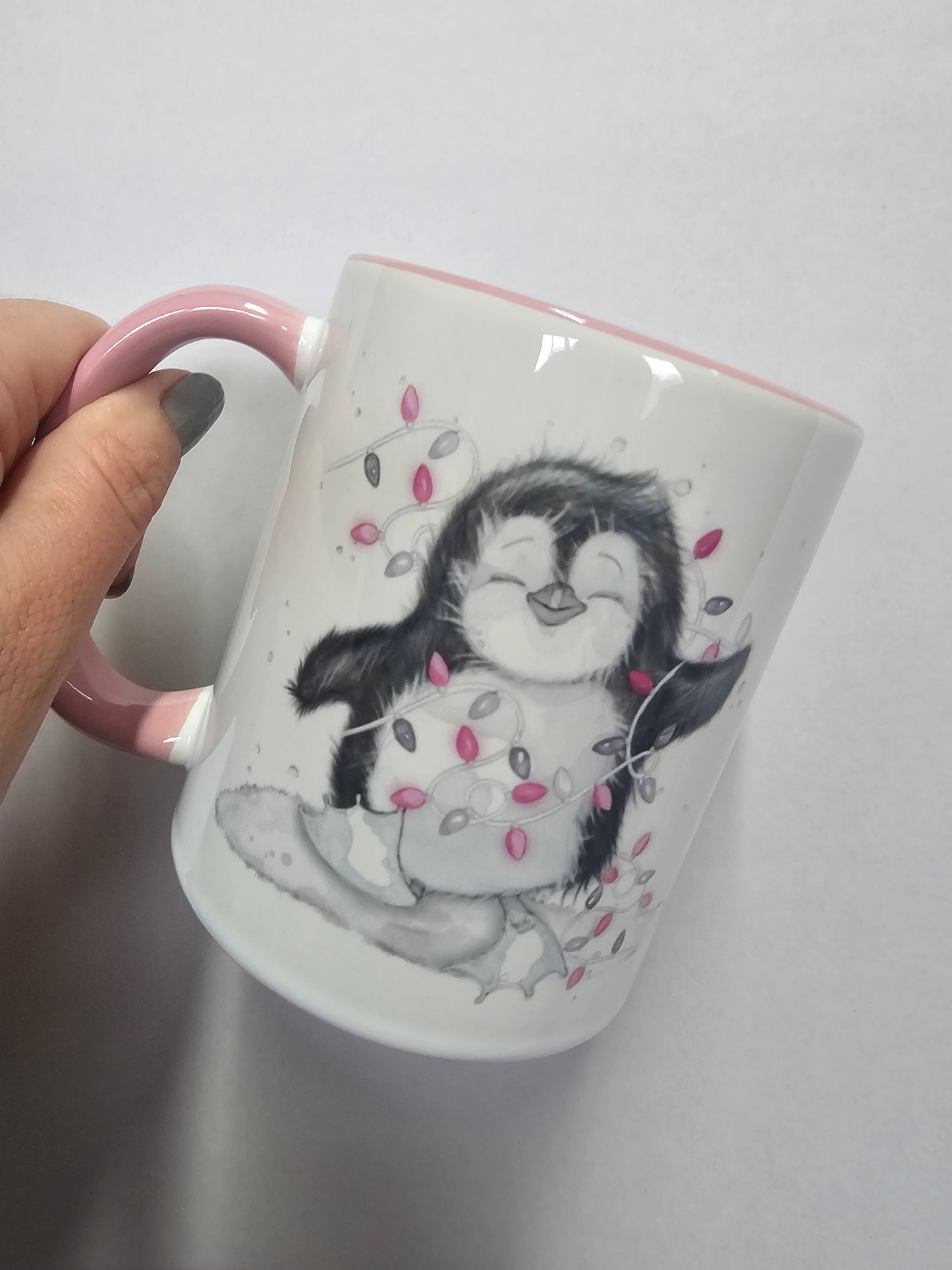 Personalised Christmas Pink Penguin Mug, Sketch Penguin With Xmas Lights, Christmas Hot Choc Mug