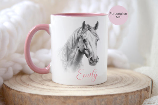 Personalised Horse Mug: Sketch Art, Pink Handle, Horse Lover Gift