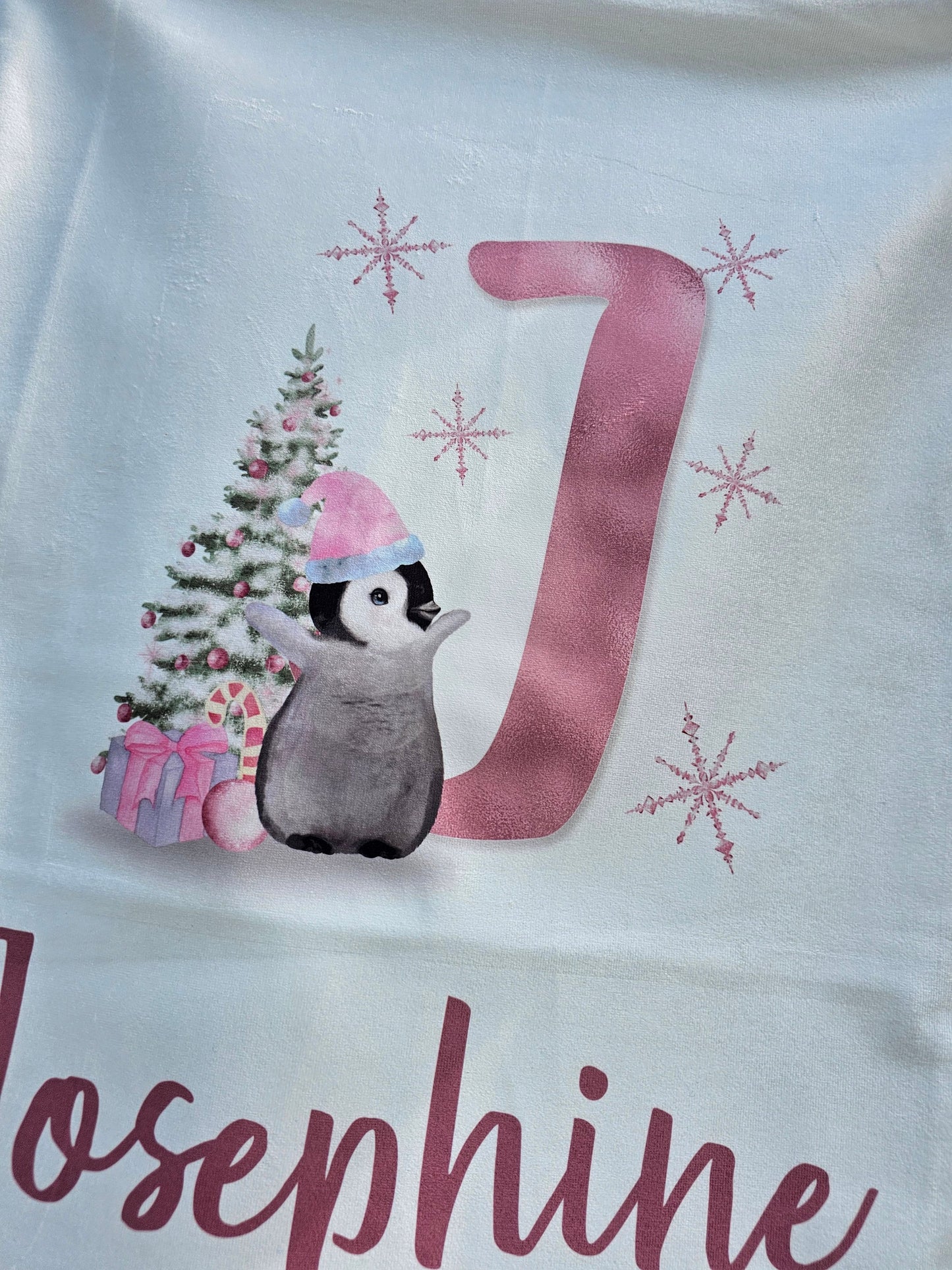 Personalsied Christmas Santa Sack Father Christmas Bag, Pink Penguin Father Christmas Sack, Name & Initial