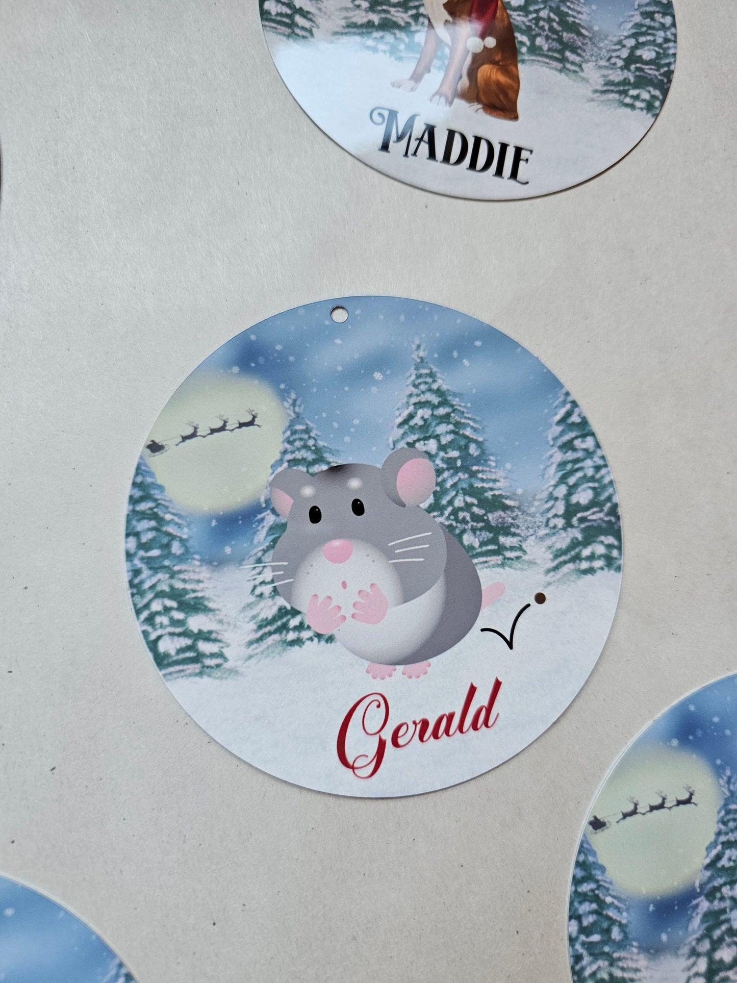 Personalised Christmas Tree Decoration, Pet Hamster Xmas Dec, Christmas Hanging Ornament, Metal Tree Decoration, Grey Brown Red Hamster Dec