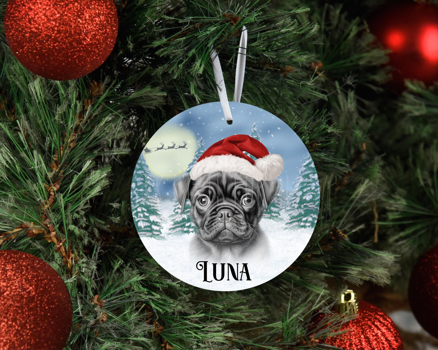 Personalised Christmas Black Pug Tree Decoration, Pug Metal Christmas Hanging Ornament