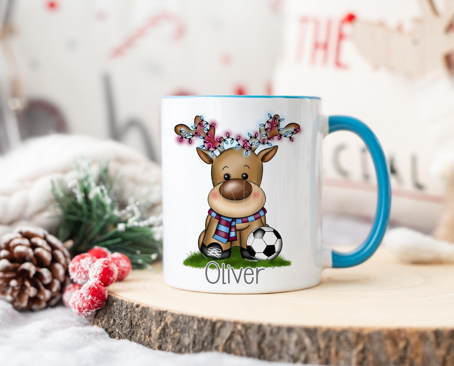 Christmas Football Reindeer Mug, Personalised Grey Christmas Mug, Football Coach Gift, Football Lover Xmas Mug, Claret & Blue Footie Team
